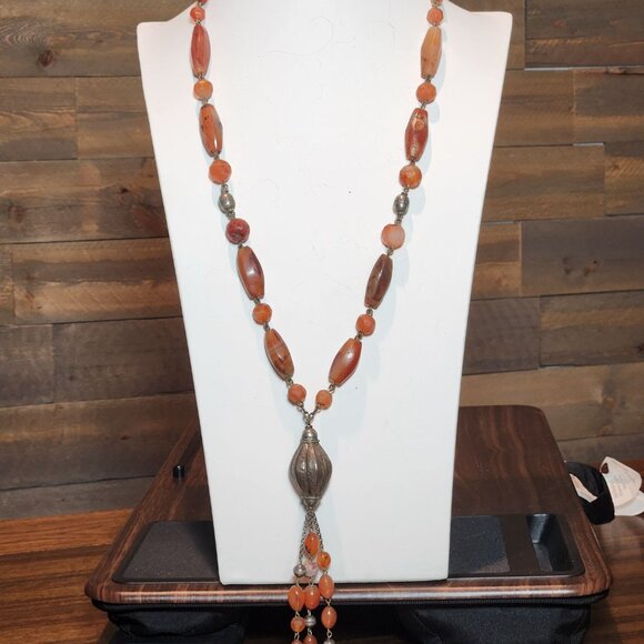 Vintage Handcrafted Carnelian & Silver Beaded Necklace With Ornate Pendant - Picture 1 of 9